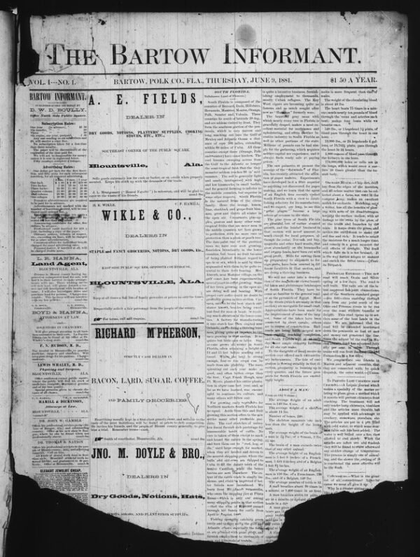 On This Day: June 9th, 1881 – Polk County’s First Newspaper, The Bartow Informant, Debuts