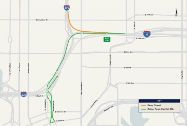 Westbound I-4 Ramp to Northbound I-275 Closing Monday and Tuesday Nights