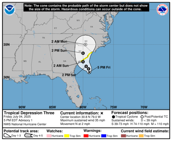 Tropical Depression Three Forms Off Southeast U.S. Coast