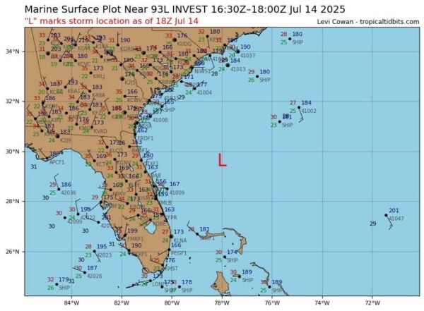 National Hurricane Center Upgrades Invest 93L to 30% Chance of Tropical Development Off Florida Coast