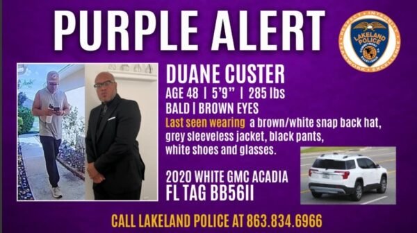 UPDATE: PURPLE ALERT CANCELED. MR. CUSTER HAS BEEN LOCATED SAFE.